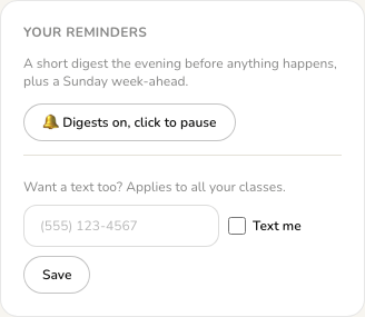 The opt-in form: a phone number field, a Text me checkbox, and a Save button inside the Your reminders card